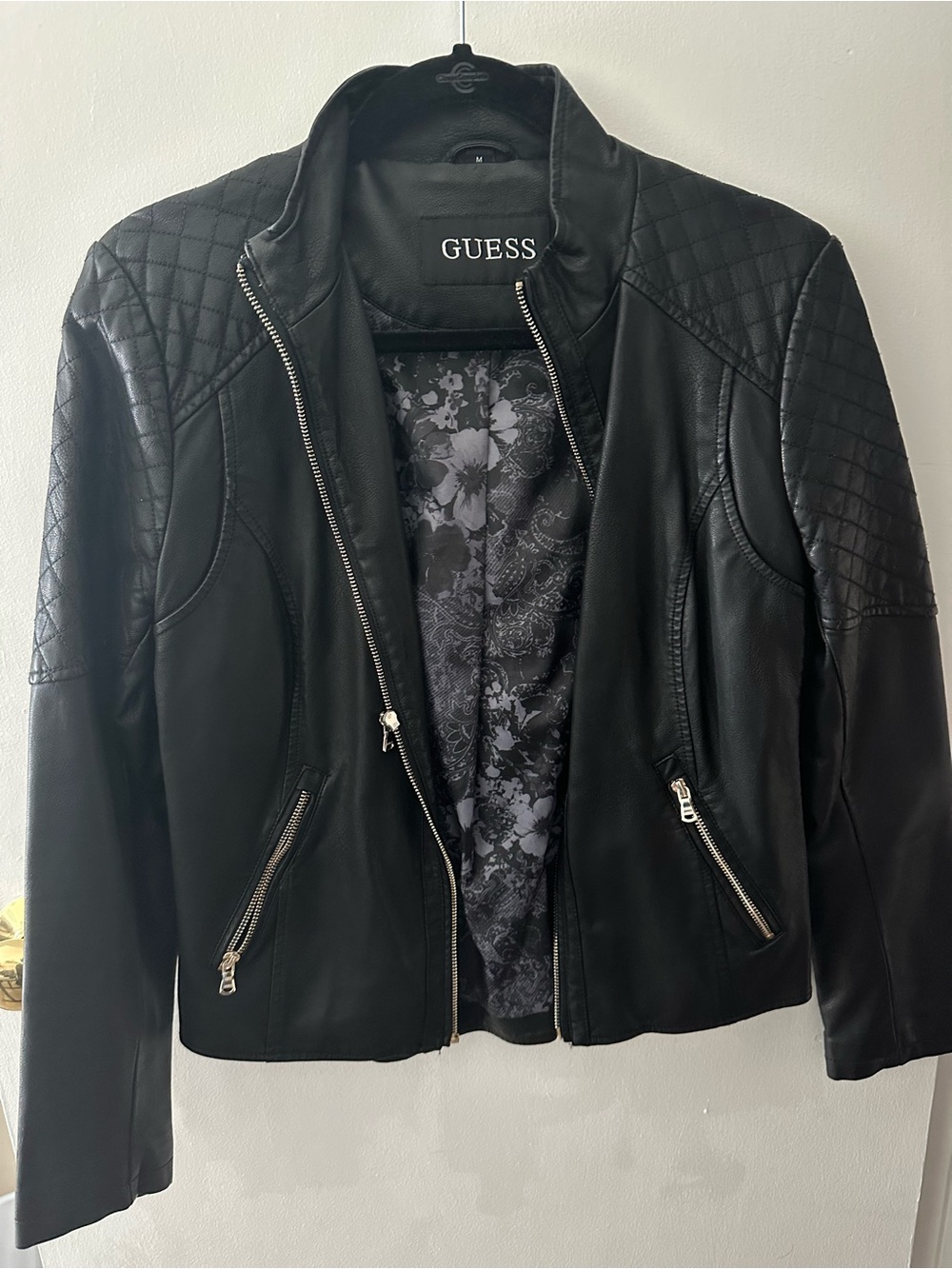 GUESS Black Quilted-Shoulder Faux Leather Moto Jacket